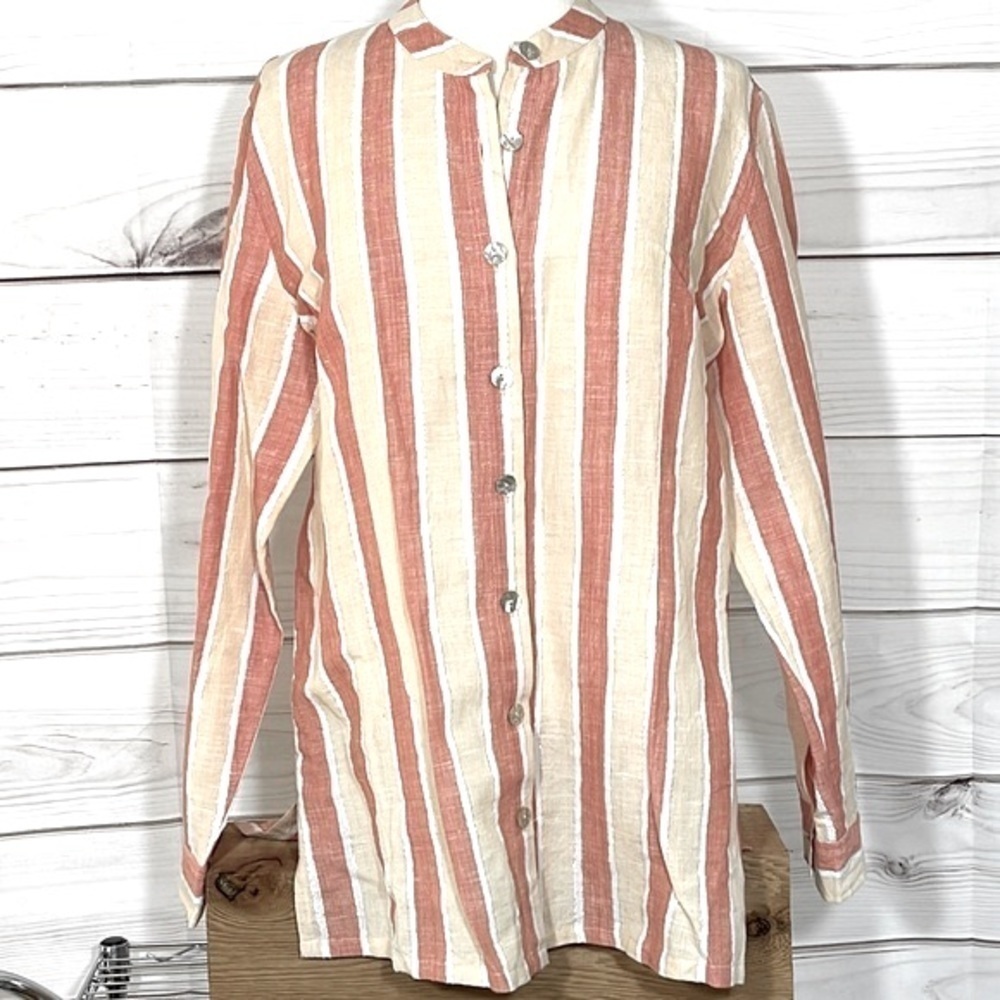 Norm Thompson Peach & Coral Linen Blend Striped Long Sleeve Tunic Top